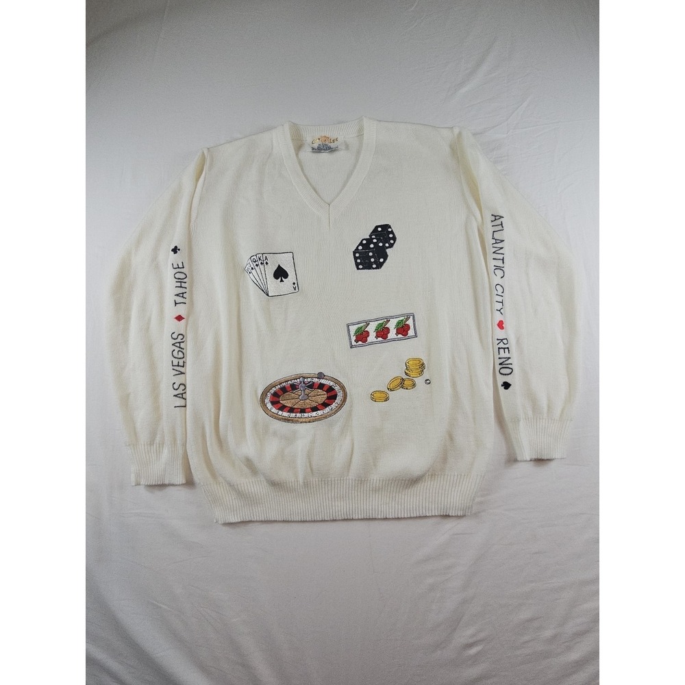 Vintage Cyn Les Shirlee Designs Las Vegas Casino V Neck Sweater Reno Gambling XL